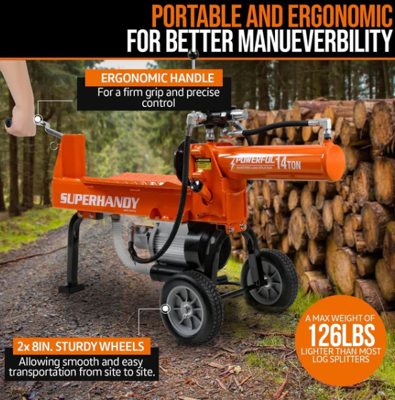 Super Handy GCAO024 Log Splitter 14-Ton Horizontal Portable Electric 120V 15Ah 2.5HP Motor New Canada Only - GCAO024
