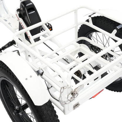 Ecotric 48V 24"x4.0 Front 20"x4.0 Rear Tires Tricycle electric bike with Front Basket + Rear Rack White - EST-W+EB-005-EC