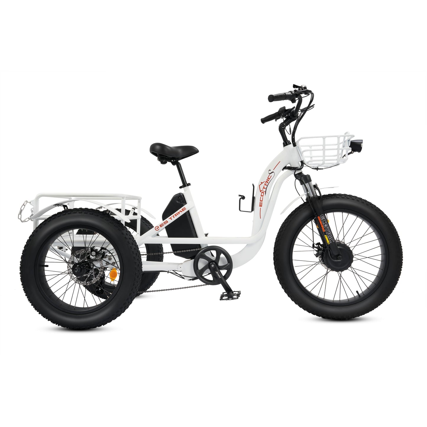Ecotric 48V 24"x4.0 Front 20"x4.0 Rear Tires Tricycle electric bike with Front Basket + Rear Rack White - EST-W+EB-005-EC