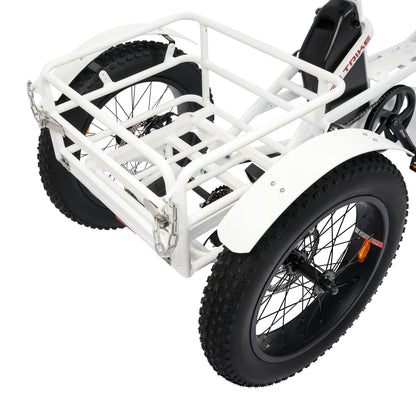 Ecotric 48V 24"x4.0 Front 20"x4.0 Rear Tires Tricycle electric bike with Front Basket + Rear Rack White - EST-W+EB-005-EC