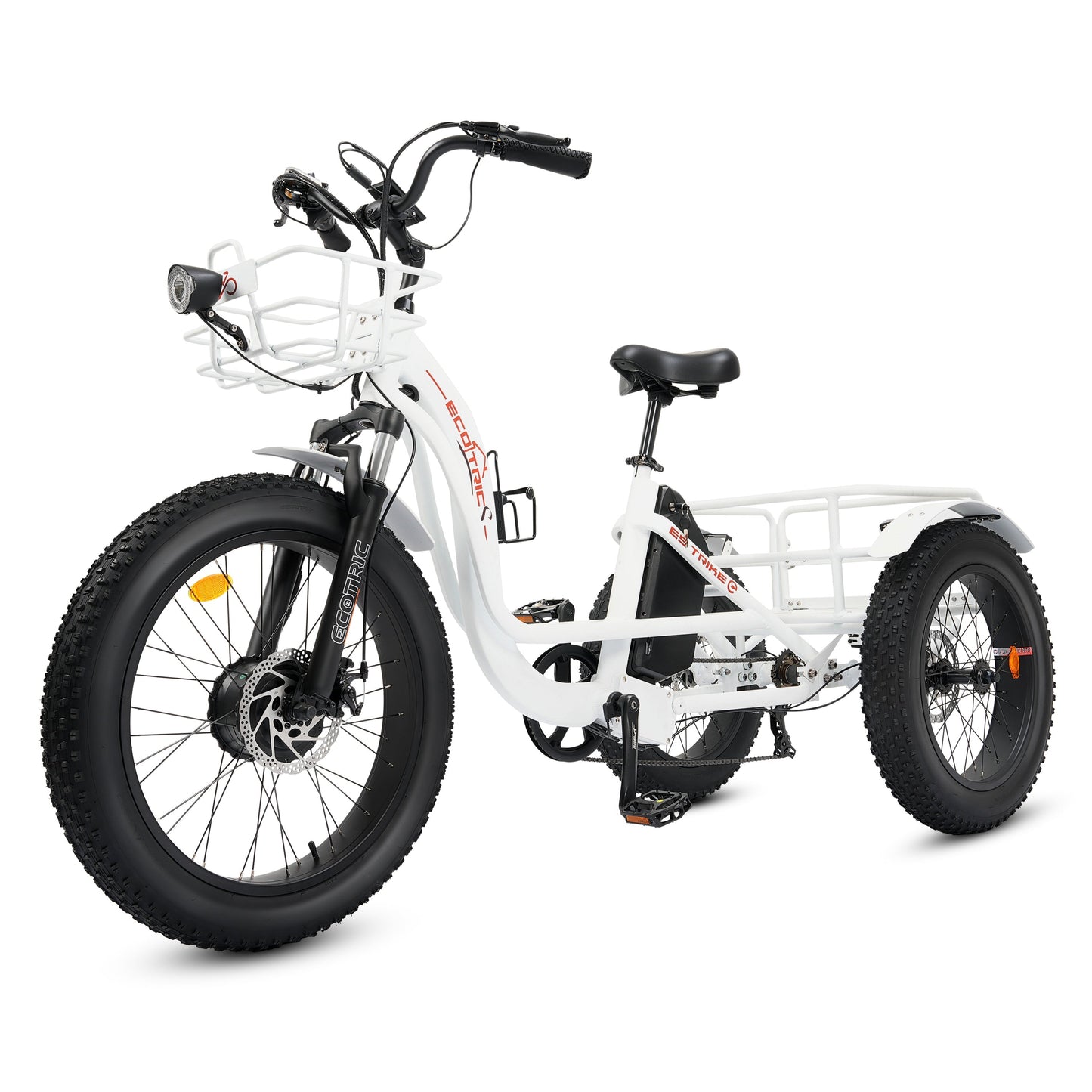 Ecotric 48V 24"x4.0 Front 20"x4.0 Rear Tires Tricycle electric bike with Front Basket + Rear Rack White - EST-W+EB-005-EC