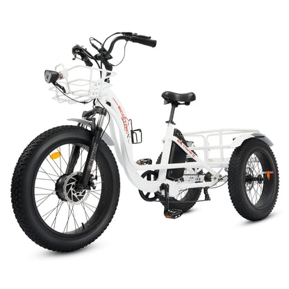 Ecotric 48V 24"x4.0 Front 20"x4.0 Rear Tires Tricycle electric bike with Front Basket + Rear Rack White - EST-W+EB-005-EC
