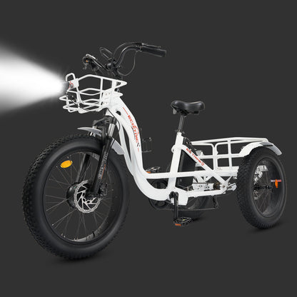 Ecotric 48V 24"x4.0 Front 20"x4.0 Rear Tires Tricycle electric bike with Front Basket + Rear Rack White - EST-W+EB-005-EC