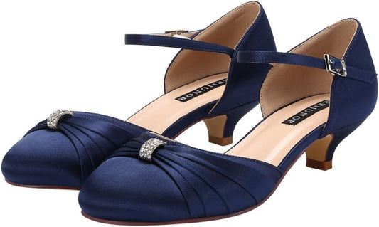 Low Kitten Heel Buckle Ankle Strap Comfortable Party Shoes For Women - Navy Blue