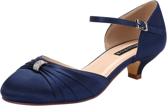 Low Kitten Heel Buckle Ankle Strap Comfortable Party Shoes For Women - Navy Blue