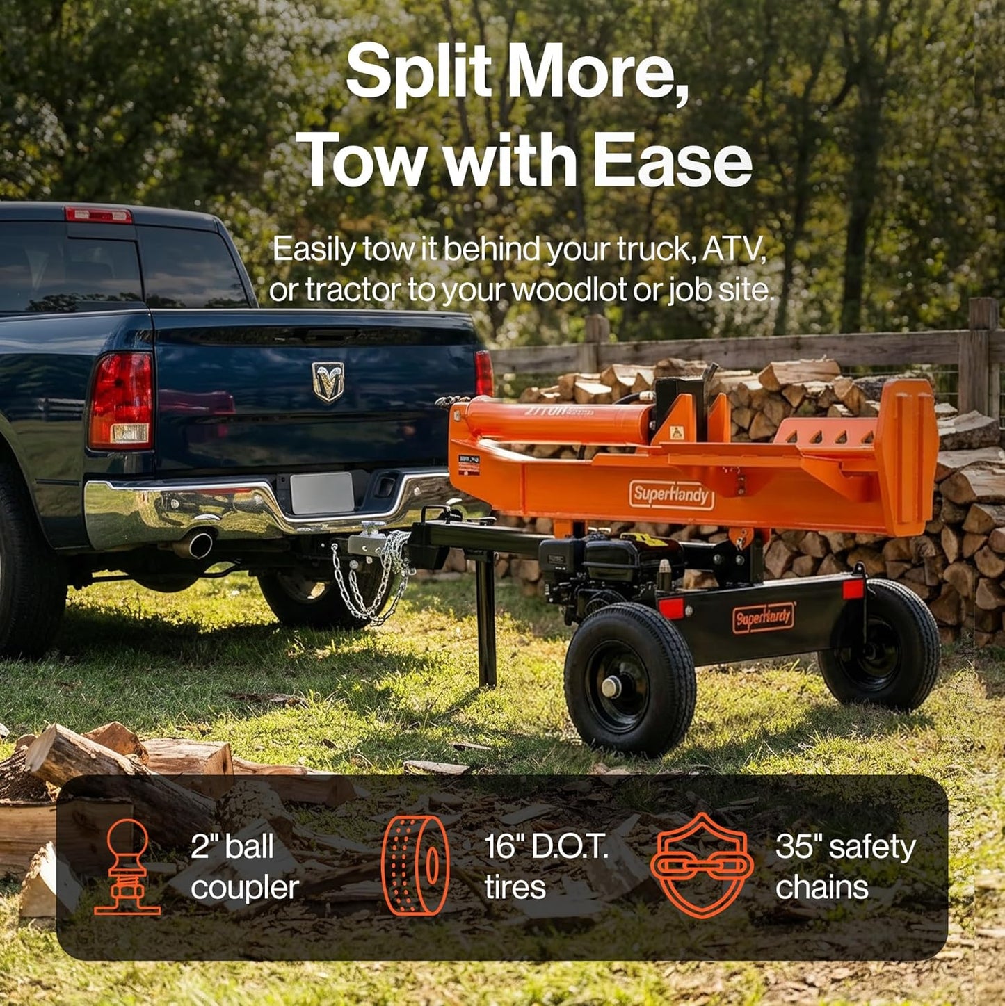 Super Handy GUT199 Log Splitter 27 Ton Full Beam Vertical/Horizontal 223cc Gas Towable New - GUT199