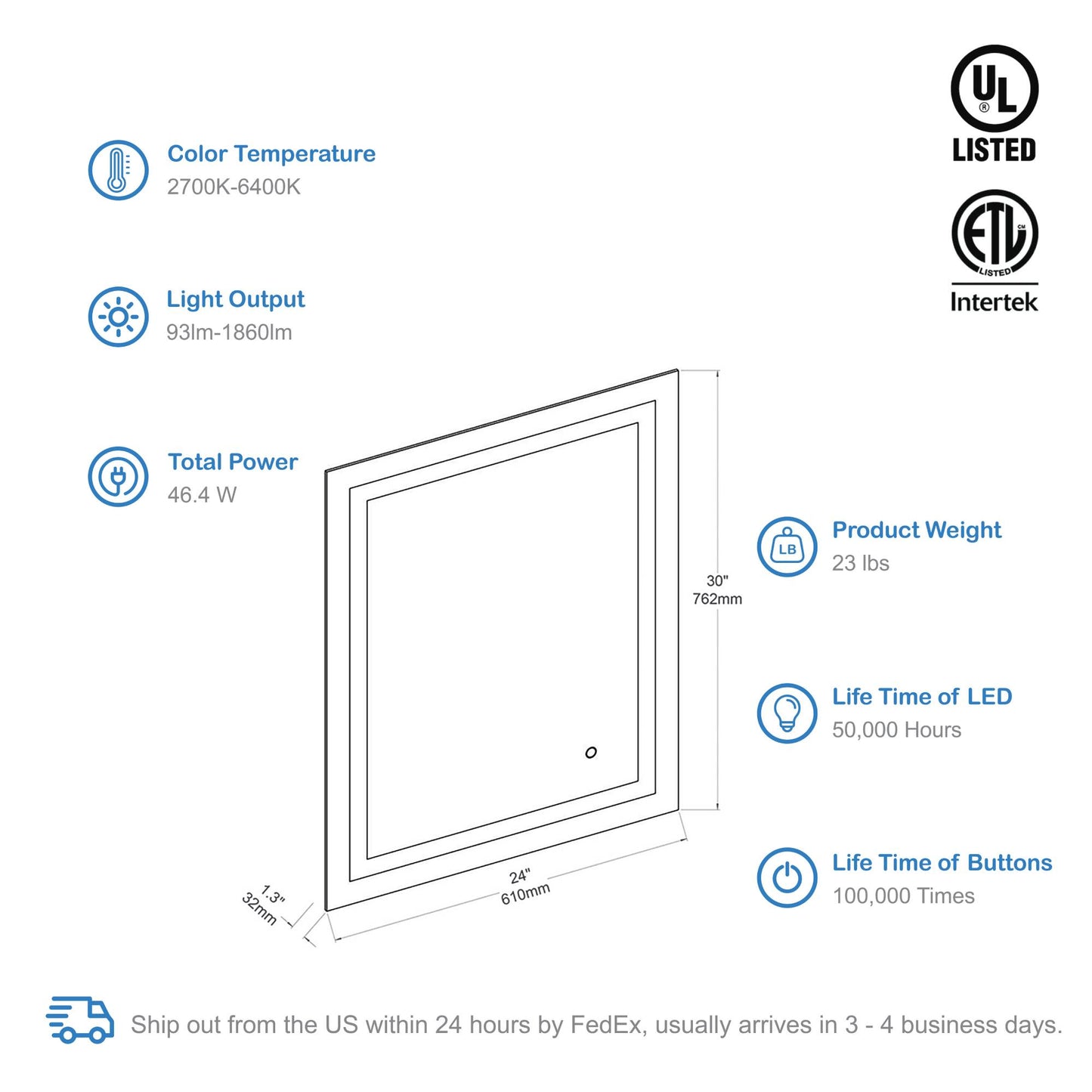 Blossom Lyra 24 x 30 Inch LED Mirror - LED M8 2430