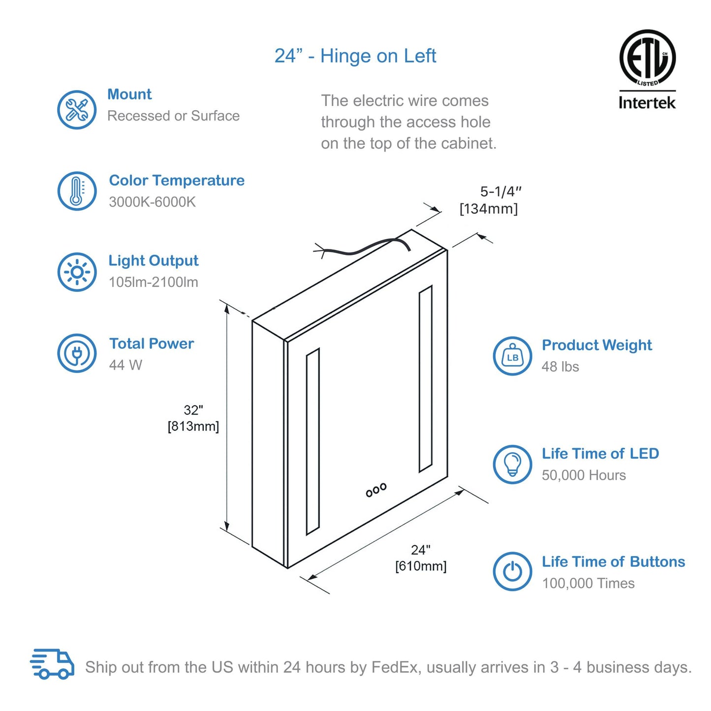 Blossom Pillar – 24 Inches LED Medicine Cabinet - MCL1 2432L