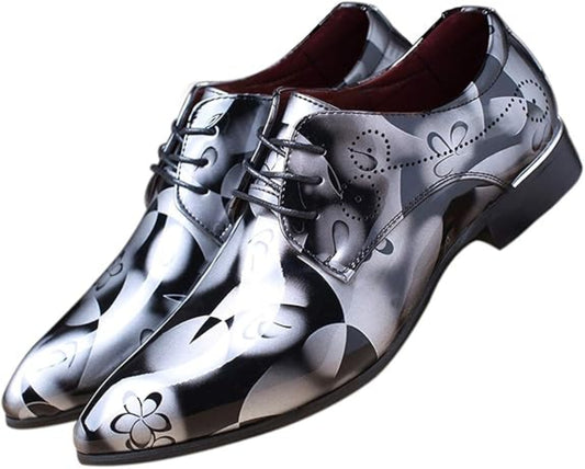 Men’s Fashion Shoes Dress Pointed Toe Floral Patent Leather Lace - Grey