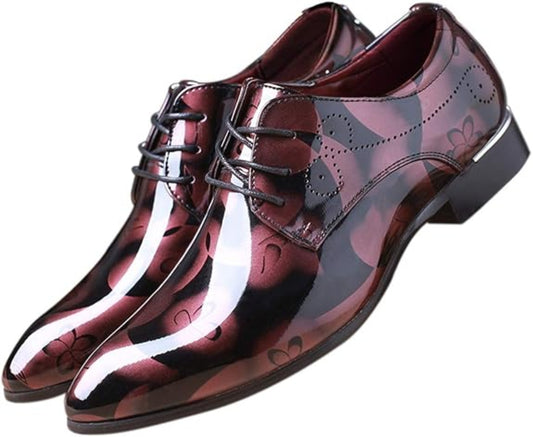 Men’s Fashion Shoes Dress Pointed Toe Floral Patent Leather Lace - Red