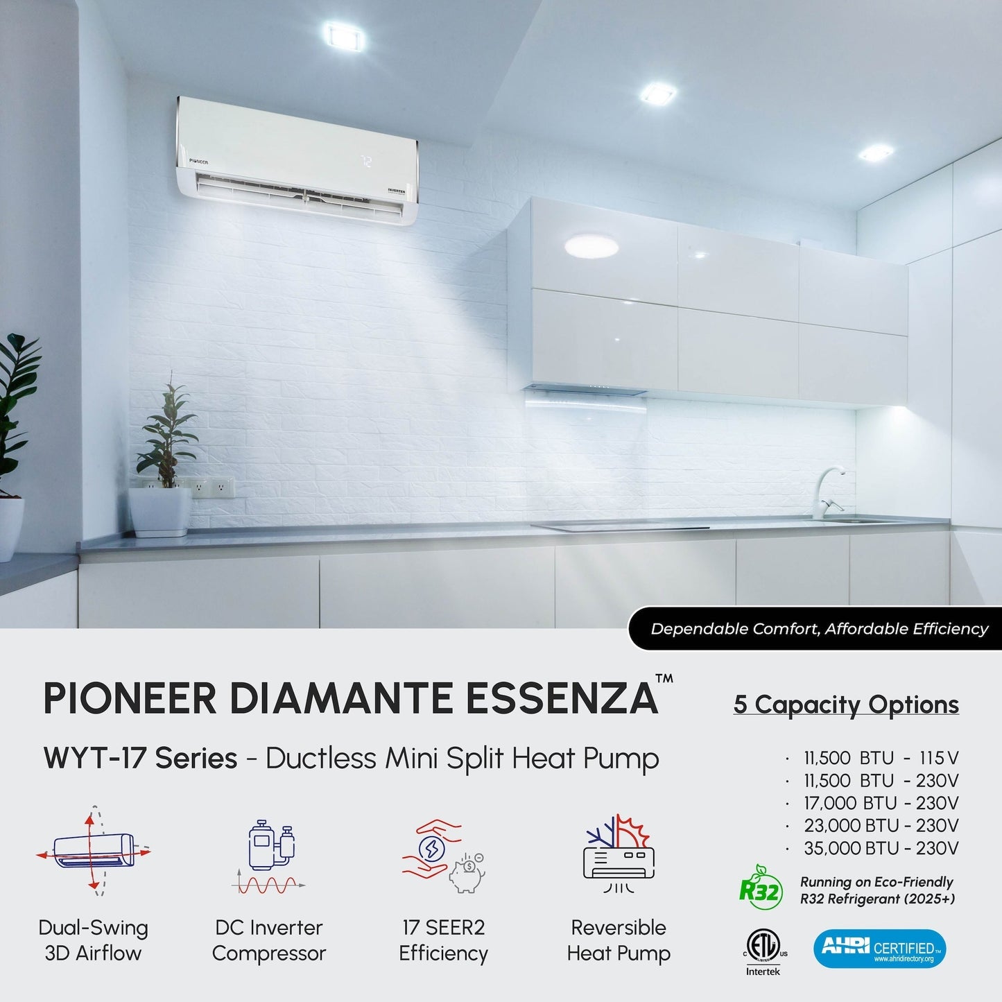Pioneer Diamante Essenza 11,500 BTU 17 SEER2 230V High-Wall Ductless Mini-Split Air Conditioner Inverter Heat Pump with 16 Ft. Kit - WYT012GLUI17RL