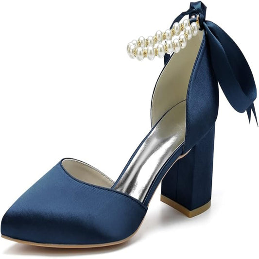 Women’s Pointed Toe Pearl Heel Wedding Shoes For Bridee - Navy Blue