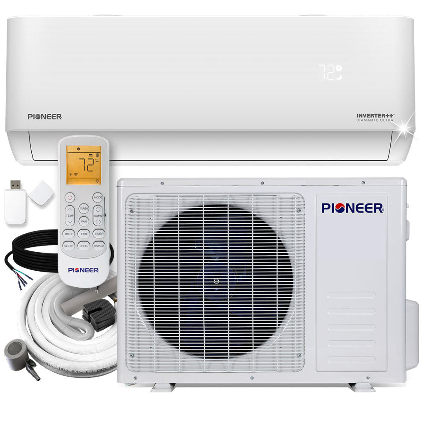 Pioneer Diamante Ultra 9,000 BTU 23.5 SEER2 Ductless Mini-Split Inverter++ Energy-Star Wi-Fi Air Conditioner Heat Pump Full Set 230V with 16 Ft. Kit - WYT009GLFI22RL