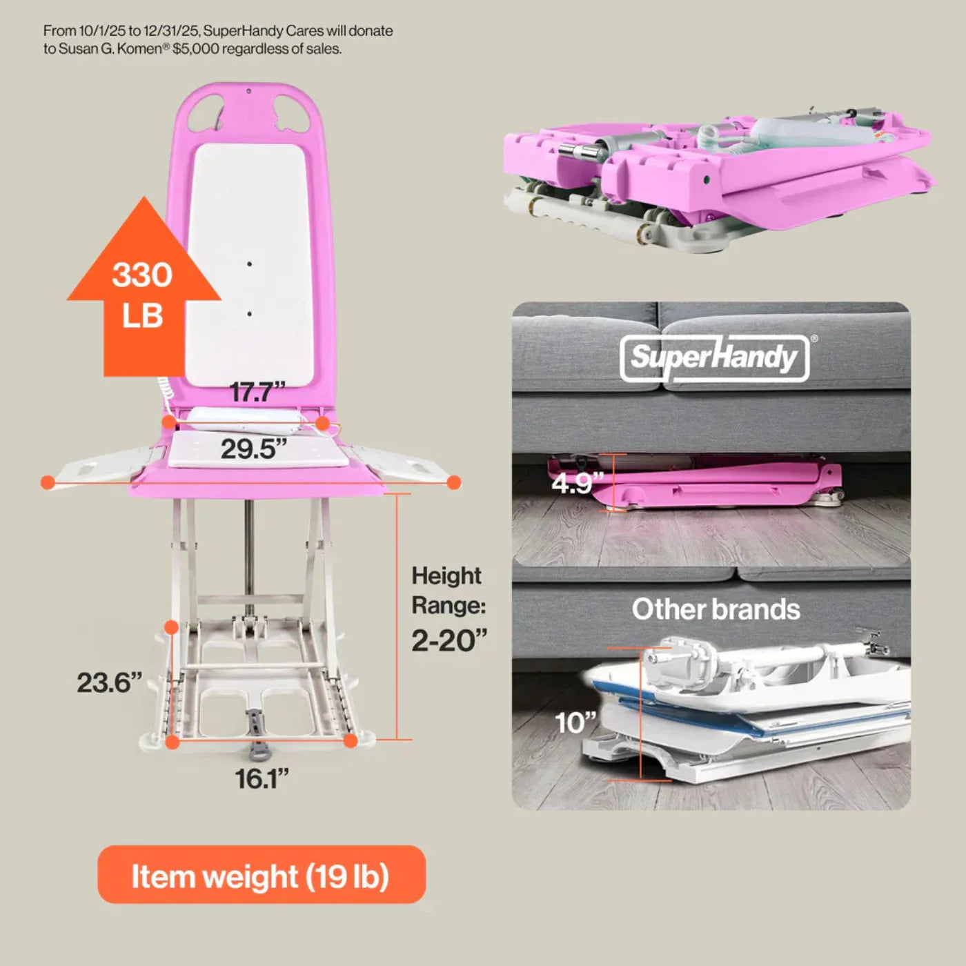 Super Handy GUT197 GoRise LT Floor and Bath Lift 330 Lbs Capacity Pink Edition New - GUT197