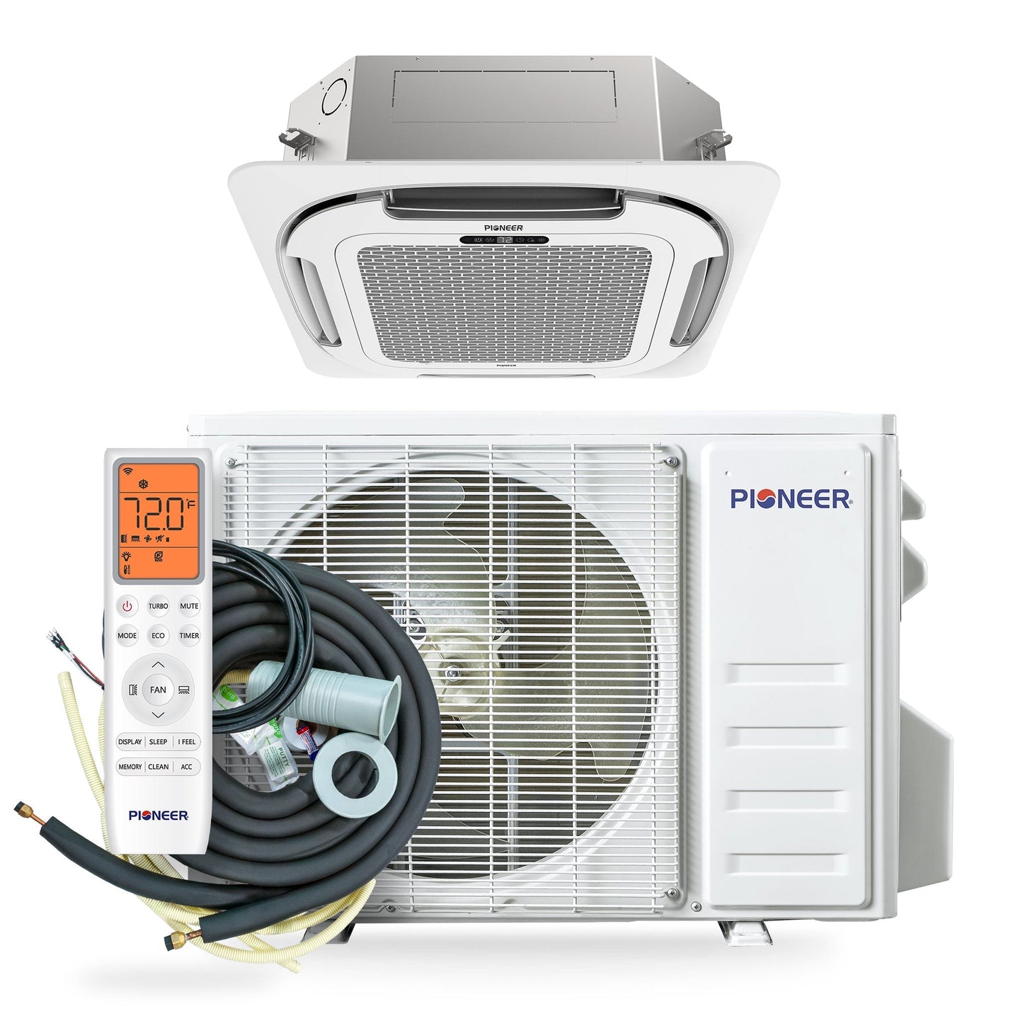Pioneer Quantum Ultra 12,000 BTU 21 SEER2 230V 8-Way Ceiling Cassette Ductless Mini-Split Air Conditioner Inverter Heat Pump Full Set - CYT012GLSI24RL-10S